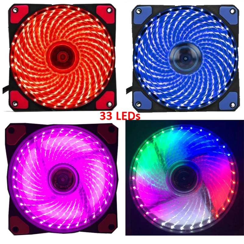 

15leds or 33LED PC Computer 5color 16dB Ultra Silent game Case Fan Heatsink Cooler Cooling Rubber 12CM Fan 12v molex 4pin 3p