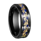 Черное вольфрамовое кольцо, мужское обручальное кольцо с инкрустацией в виде традиционного китайского Золотого Дракона на синем фоне, модные украшения