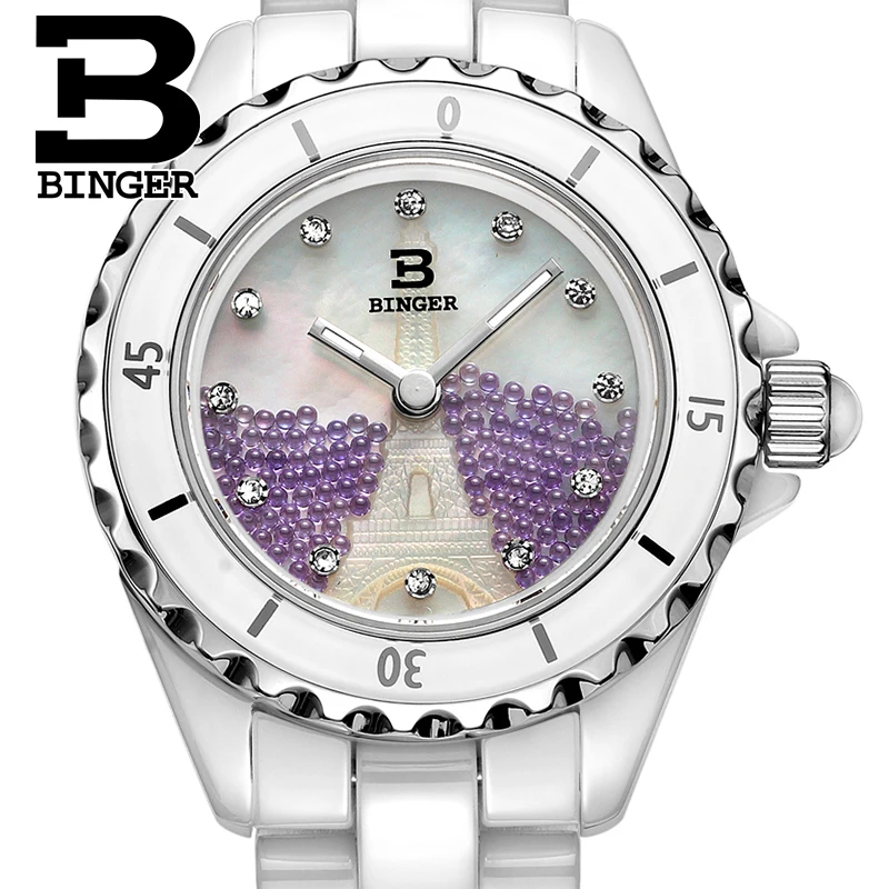 Genuine Switzerland BINGER Women ceramic quartz dress watches fashion female diamond rhinestone waterproof relief Eiffel Tower