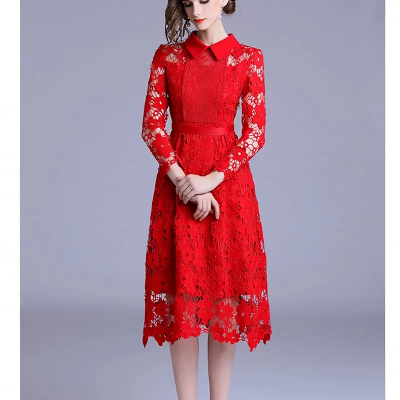 

Women Elegant Knee-Lengths New Brand 2019 spring Fashion Sweet Style Hollow Out Red Lace Ladies Party Dresses