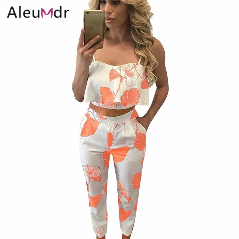 Aleumdr Мода Новый 2017 Из Двух Частей Набор Женщины Лето Синий пятнистый Печати Жабо