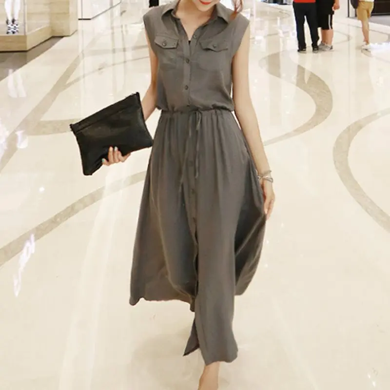Корейское модное платье-рубашка женское без рукавов сексуальное с разрезом и