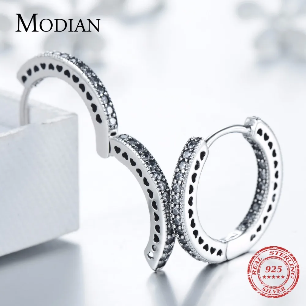 Modian, настоящее 925 пробы, серебряные классические серьги-кольца с сердечками, роскошные кубические циркония, модные украшения для женщин, свадебный подарок