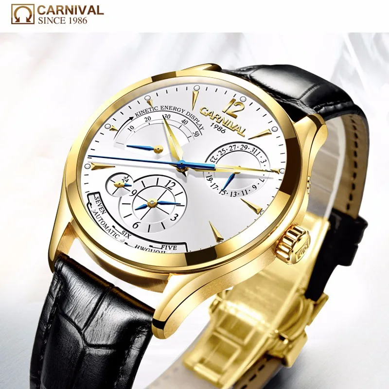 CARNIVAL Automatic Mechanical Watch Multifunction Calendar Waterproof Luminous Mens Watches Top Brand Luxury Energy Display enlarge