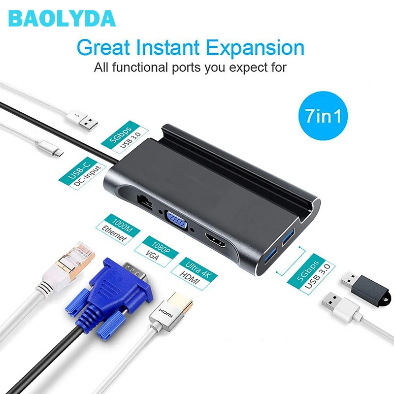 Baolyda USB C концентратор Thunderbolt 3 адаптер 7в1 Type док станция 4K HDMI Ethernet VGA PD 0 порты для