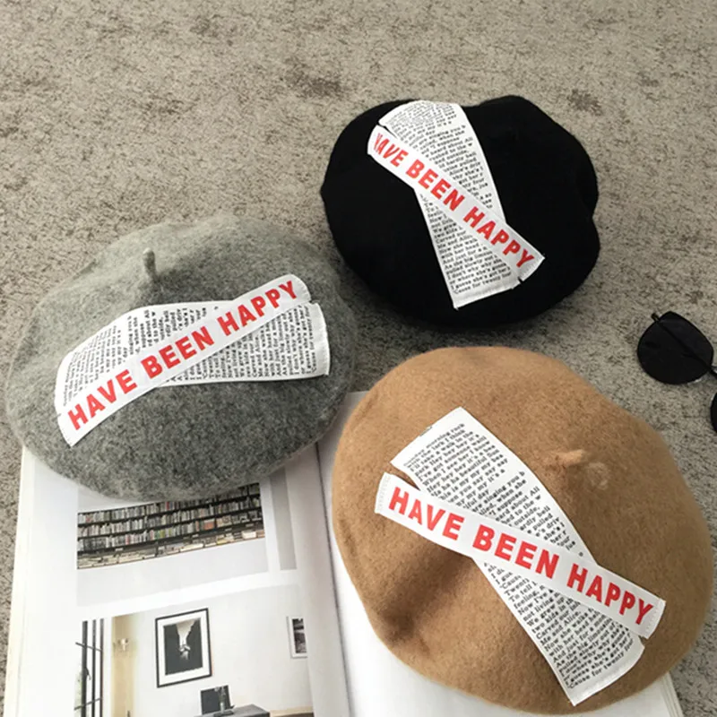 

Fashion Cute Berets Female Hats Soft Retro Woolen Letters Patch Artist Cap Autumn Winter Vintage Painter Cap Lady Beret Hats