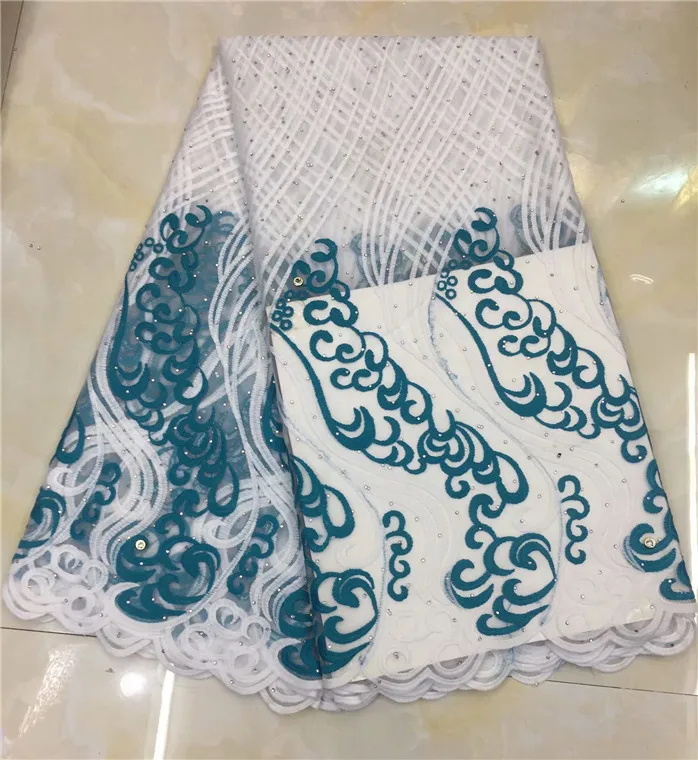 Royal blue White Lace Fabrics For African Parties Wedding Embroidered Fabric Good stones ffj322 | Дом и сад