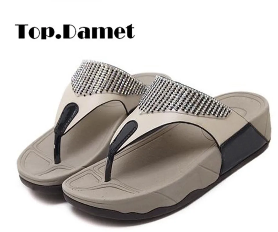 Top. Damet/женские модные летние Вьетнамки; уличные шлепанцы на платформе с украшением в виде кристаллов; пляжная обувь для женщин размера плюс