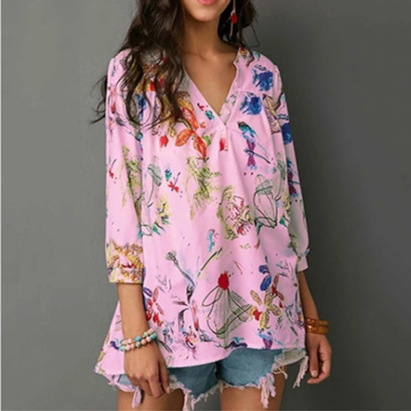 Повседневная Женская блузка большого размера с цветочным принтом летняя рубашка