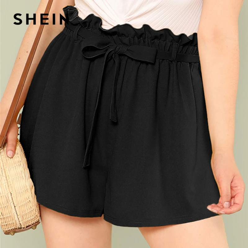 SHEIN, шорты размера плюс, одноцветные, бумажный мешок, талия,, женские, летние, элегантные, свободные, плиссированные, для офиса, широкие, с поясом