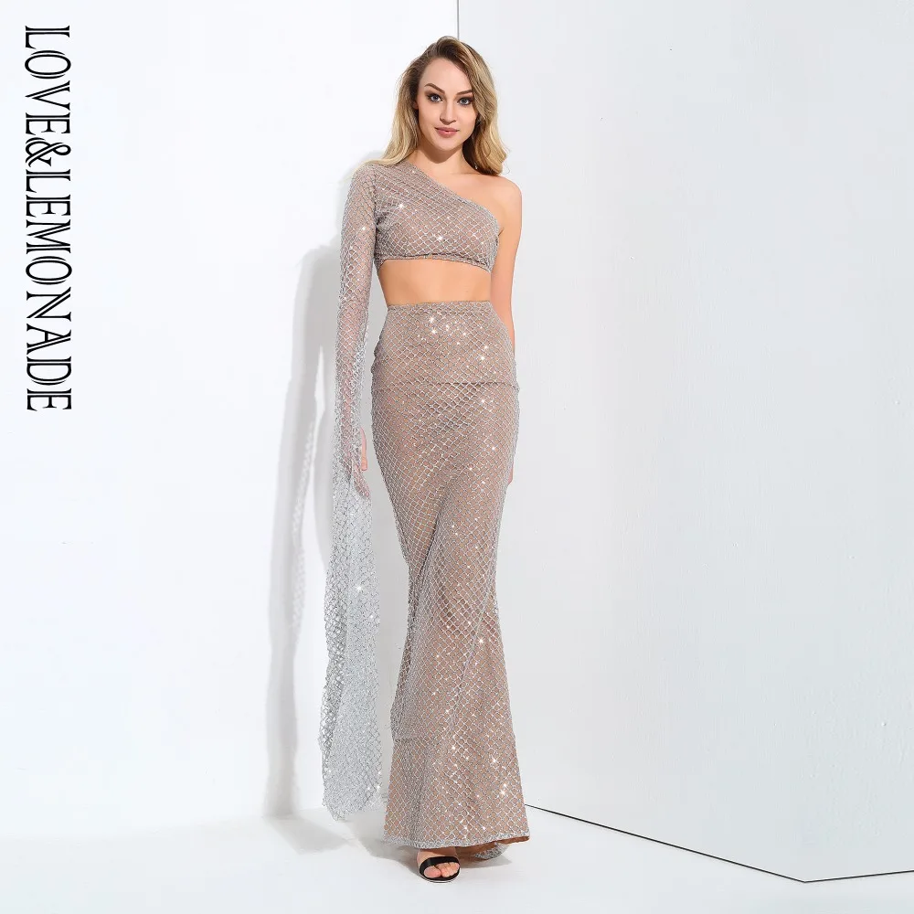 Женский костюм двойка LOVE & LEMONADE серебристый/телесный комплект с рукавами рожками