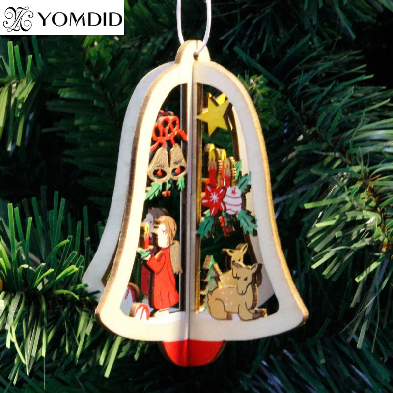 

2 pcs 3D Wooden Christmas Ornaments Bell shape Xmas Pendant Hanging Ornament Xmas Tree Decor New year Decoration for Home party
