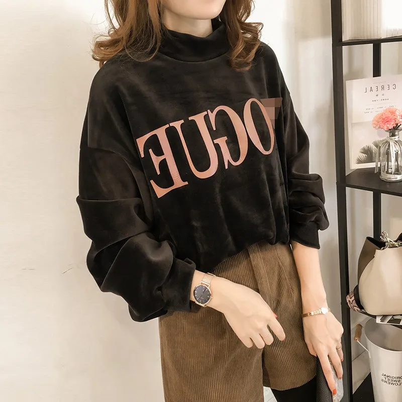 Женская фланелевая футболка с воротником стойкой свободного покроя|t-shirt loose|women