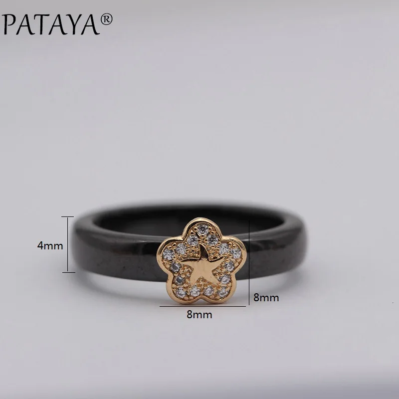 PATAYA, новинка 585, розовое золото, микро воск, инкрустация, натуральный циркон, черный, белый цвет, керамика, кольца для женщин, свадебный цветок, пентаграмма, хорошее ювелирное изделие