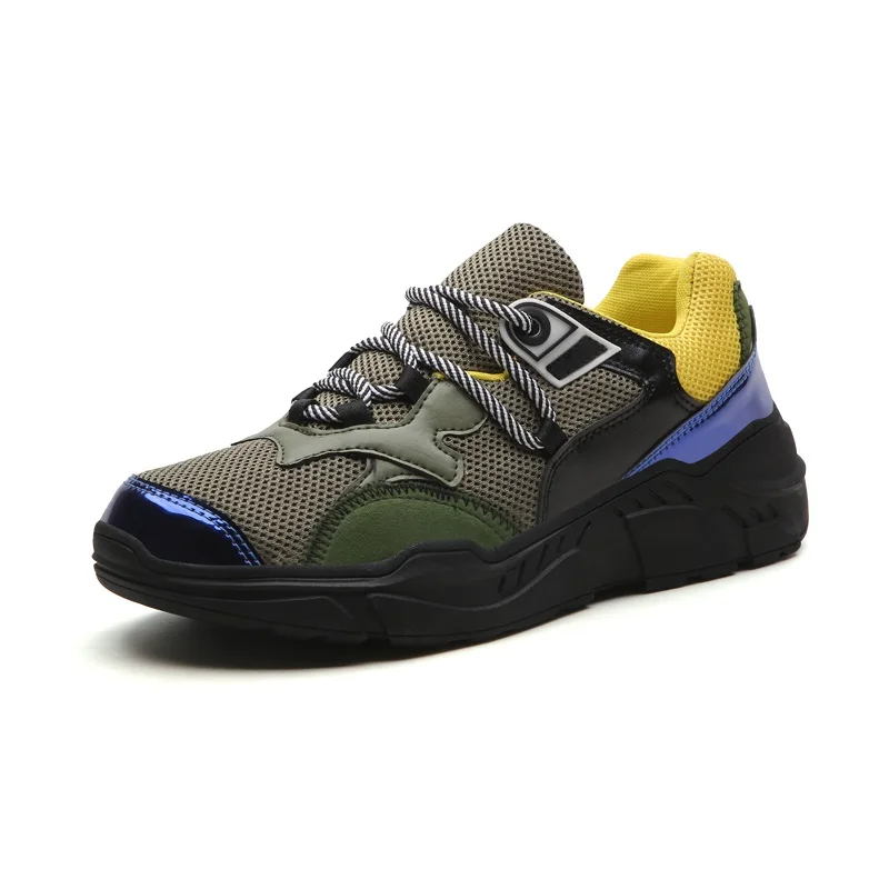 

2019 Spring Autumn Fashion Sneakers Breathable Mesh Leather Patchwork Casual Shoes Man Fashion Lace up Men Flats Shoes