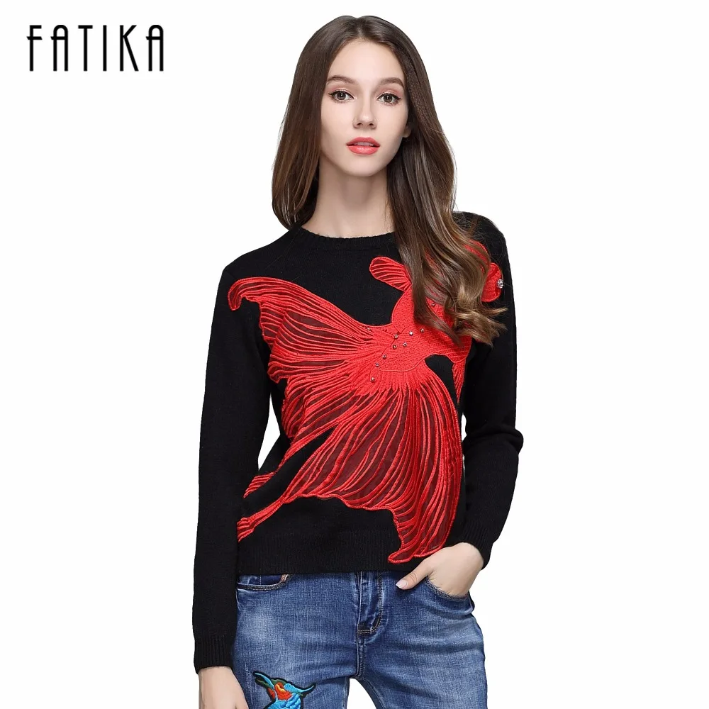 Fatika Мода 2017 г. осень-зима Для женщин Красная Рыба Вышивка пуловер Свитеры для