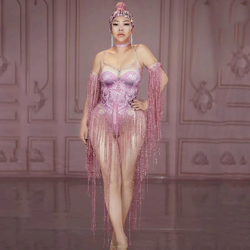 

Pink Tassel Sleeve Crystals Bodysuit Nightclub DJ Female Singer Sexy Fringed Jumpsuit Party Stage Wear Costume Rave Outfit DT954