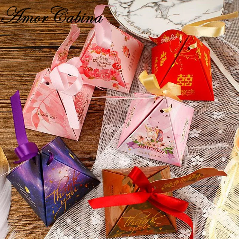 Pyramid Style Wedding Favors Supplies flamingos Candy Boxes with Ribbon Gift Box Party Package Chocolate Baby Shower Favor | Дом и сад