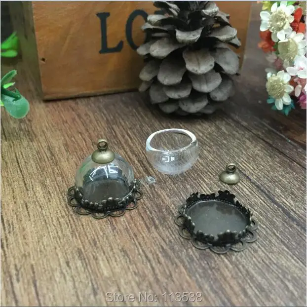 100sets/lot 15mm half glass dome setting tray set vial pendant jewelry globes necklace pendants bronze plated | Украшения и