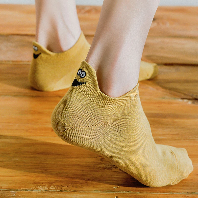 10 Pairs Spring Women's Ankle Socks Kawaii Cartoon Smile Face Embroidery Summer Funny Expression Cute Cotton Female Short Socks