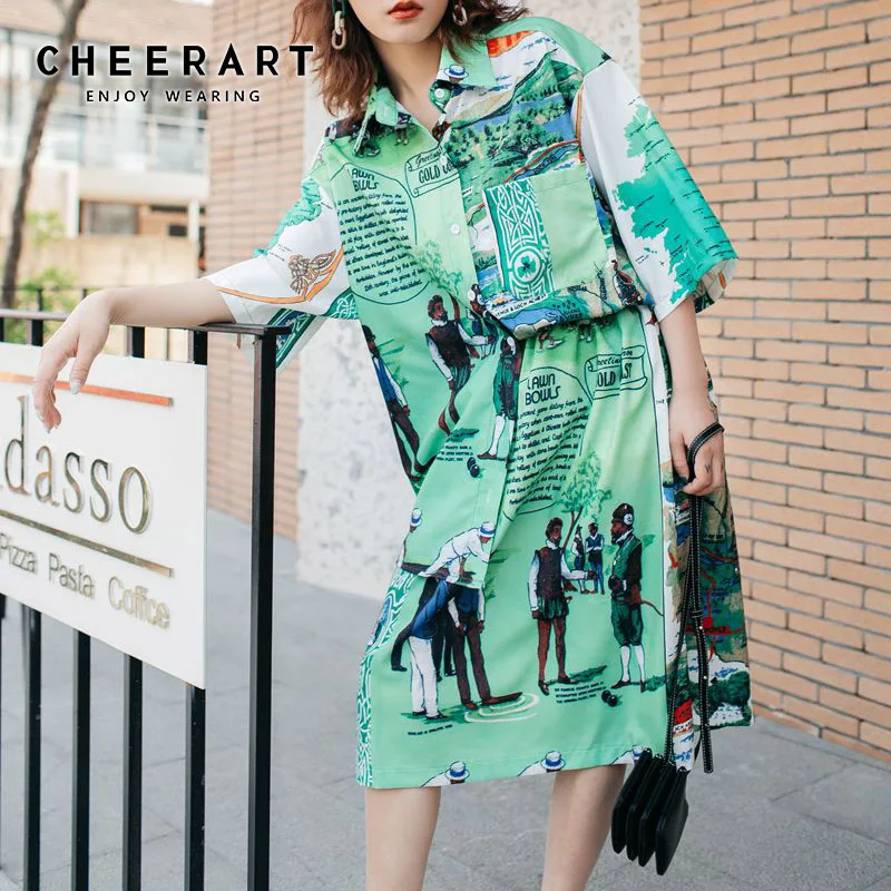 Cheerart длинное зеленое платье-рубашка женское плюс размер свободное с рисунком