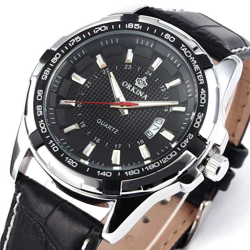 Мг. Мужские кварцевые часы ORKINA японские из нержавеющей стали с кожаным ремешком