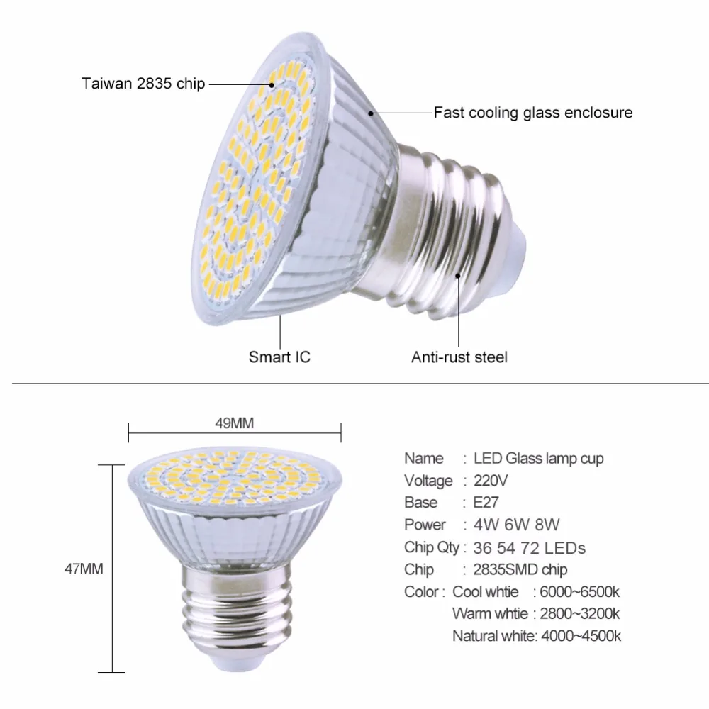 Светодиодный прожектор E27 4 Вт 6 8 220 В светодиодные лампы 2835SMD 54 светодиода 72