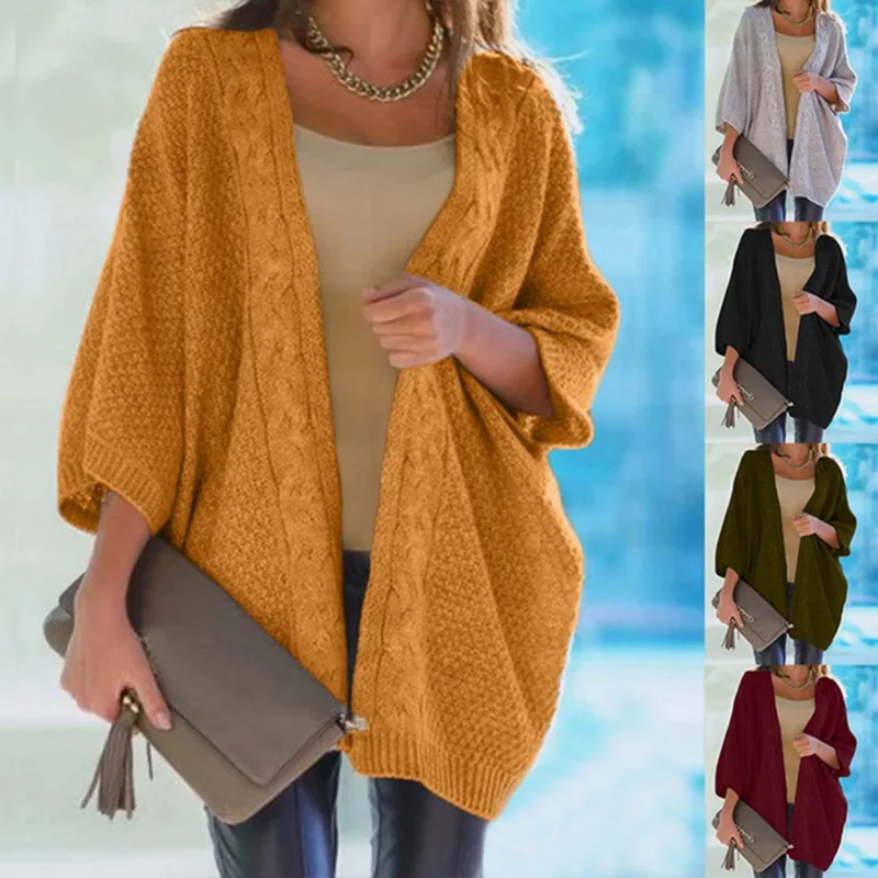 LAAMEI Girl Casual Long Knitted Cardigan Jumper Ladies' Autumn Winter Warm Korean Loose Solid Sweater Jacket Yellow |