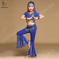 girls bollywood dance costumes bellydance indian set sari chiffon outfit halloween performance top belt pants veil headpiece