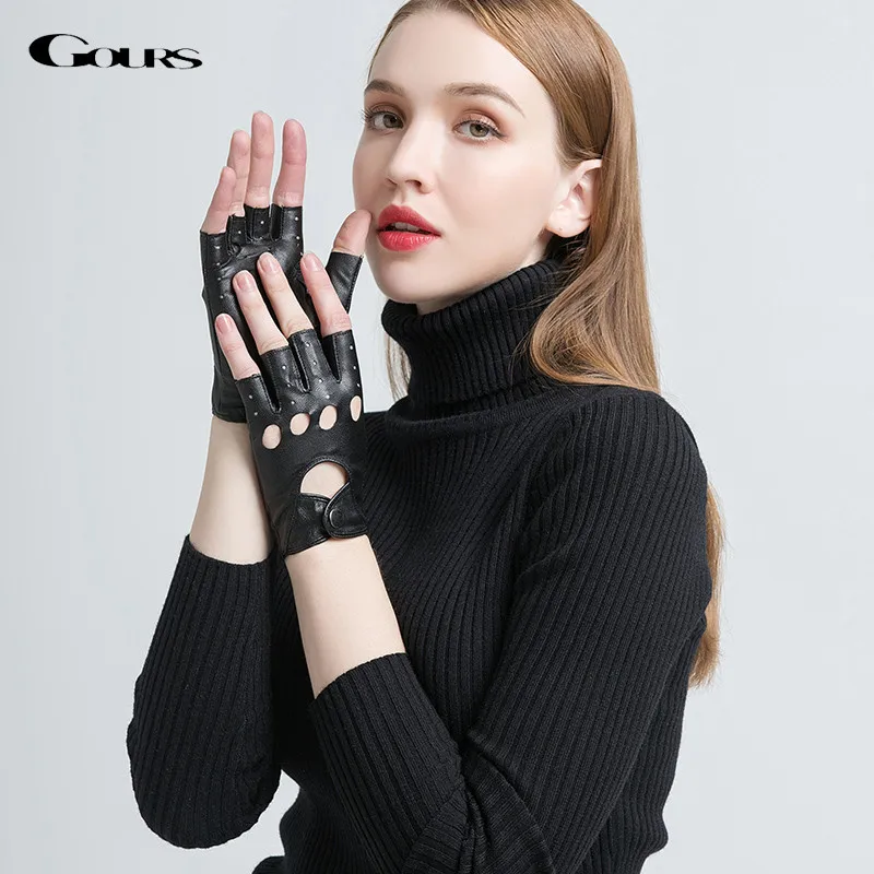 

Gours Genuine Leather Gloves for Women Black Fashion Goatskin Fingerless Gloves Winter Half Finger Fitness New Arrival GSL052