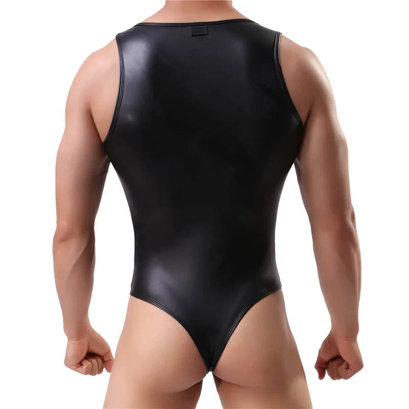 Sexy Lingerie Mens Shapers Jockstrap Bodysuit Wrestling Singlet Imitation Leather Sexy Body Shaper Bodybuilding Jumpsuit Leotard