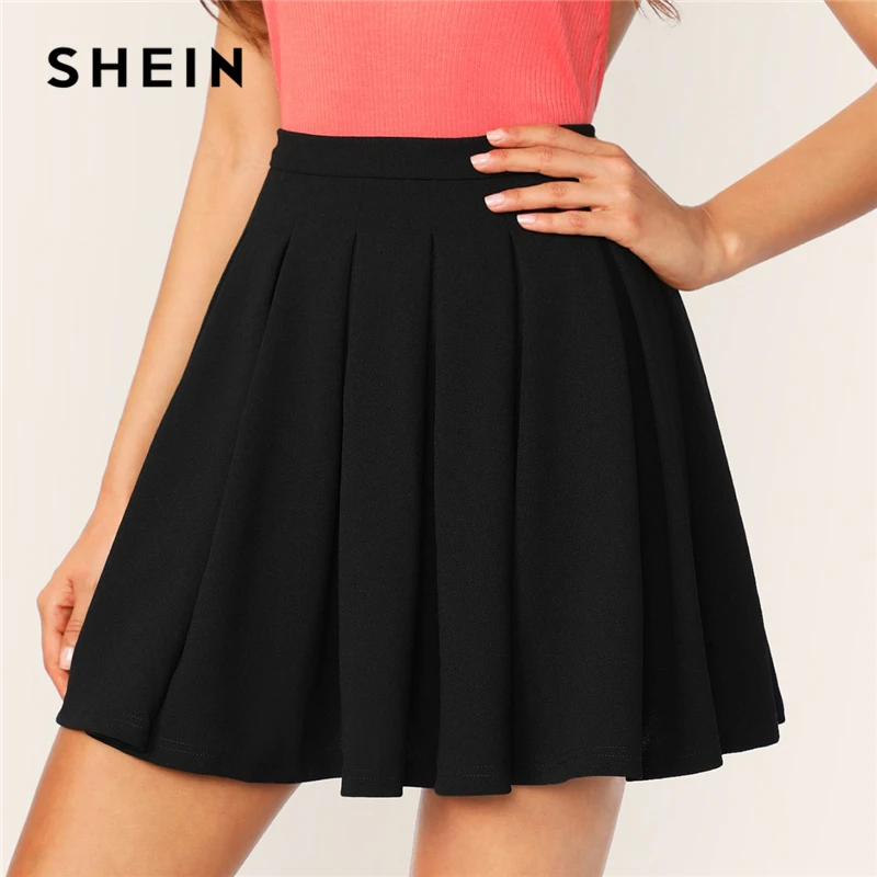 SHEIN черная плиссированная мини-юбка на молнии сзади свободного кроя со средней талией, женская летняя элегантная повседневная Рабочая Юбка