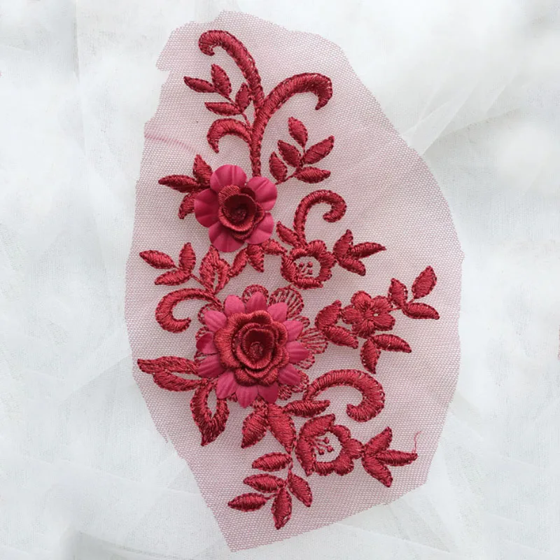 Wine red 3D вышивка цветок свадебное платье вуаль DIY Мода Шарм Горячие новые кружевные патчи Тюль Свадебная аппликация 1 шт. аксессуары - Цвет: Wine red