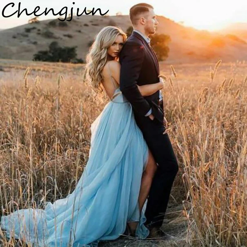 Chengjun сексуальное длинное шифоновое голубое свадебное платье с глубоким V
