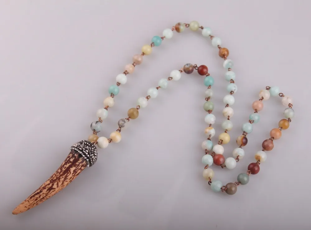 

MOODPC модное натуральное камни амазонита Halsband Ox Horn кулон ожерелье