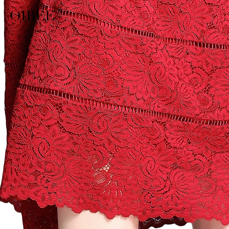 

OIBEE2019 Fashion Lace Hollow Out Long Sleeve Red Vintage Women Dress Slim Sexy Dress