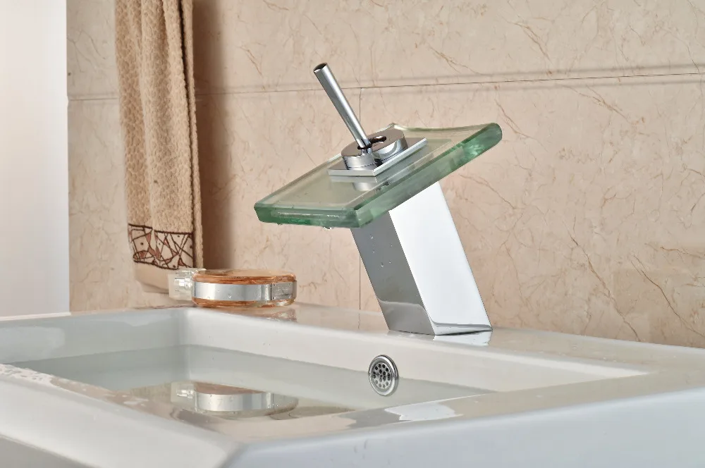 LED Glass Square Bathroom Faucet Chrome Finish Vanity Sink Mixer Tap Deck Mounted | Дом и сад