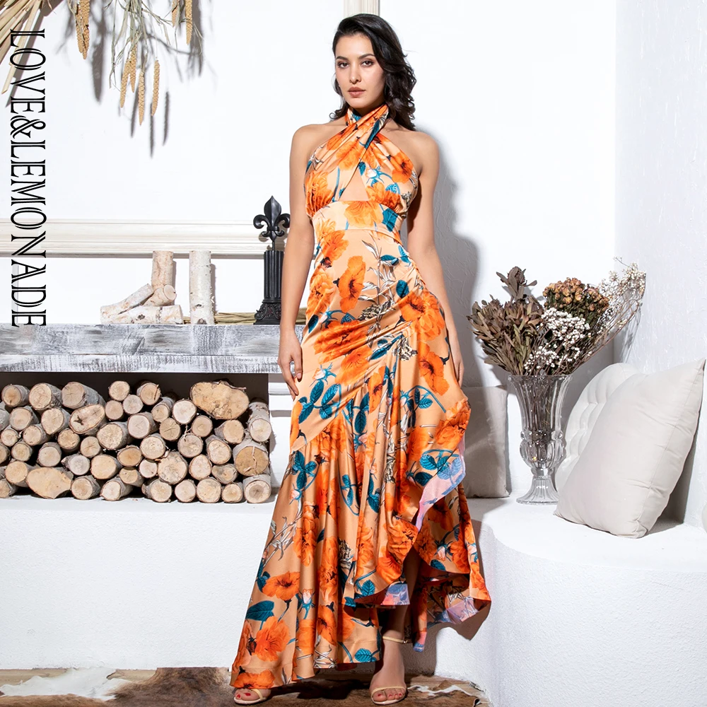 Женское платье макси LOVE & LEMONADE оранжевое с разрезом на боку и оборками модель