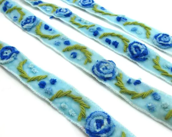 3 Colors|Yarn Flowers Embroidered on Light Blue Velvet Ribbon|Sewing|Quilting|Craft Supplies|Hair Accessories | Дом и сад