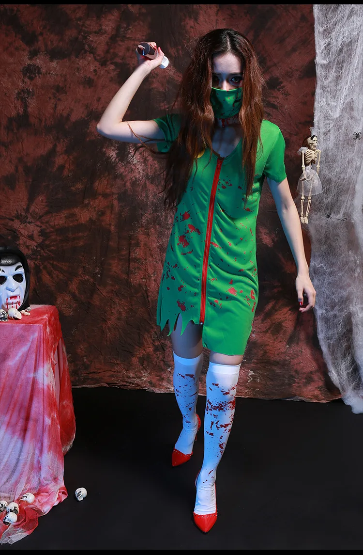 Женский костюм медсестры ghost Green маскарадный для Хэллоуина карнавал зомби скарей