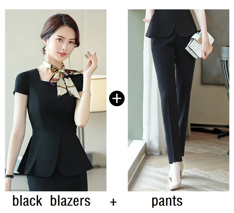 black blazers pants Женские костюмы тонкие летние с коротким рукавом блейзеры брюки 2-шт Набор OL формальные деловые женские брючные костюмы женские комплекты костюмы - Цвет: black blazers pants