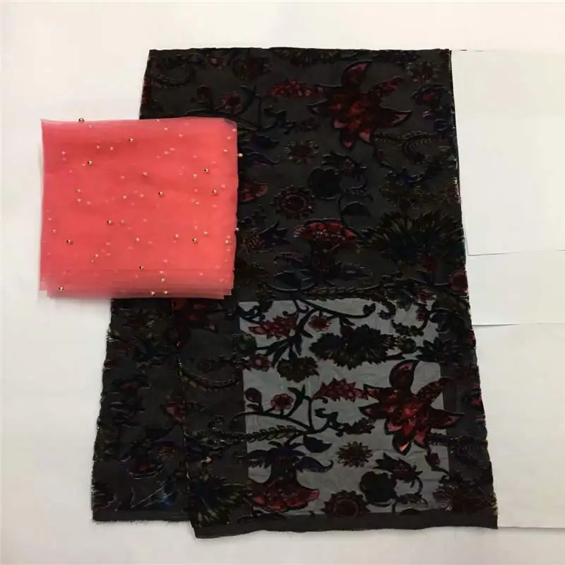 

2019 High Quality Fashion Printed Silk Velvet Fabric 5 Yards And 2 Yards Of Tulle Chiffon Fabric! LXF41303
