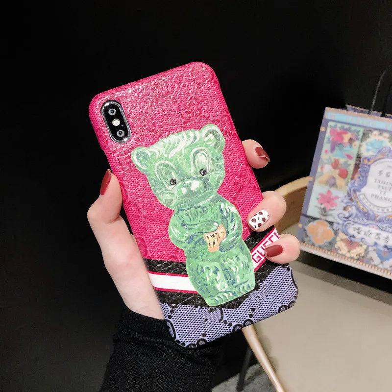 Green bear Роскошный жесткий кожаный чехол для мобильного телефона для iphone xsmax xs xr 7plus мультяшный медведь милая собака pc har pu кожаный чехол для телефона 8plus - Цвет: Green bear