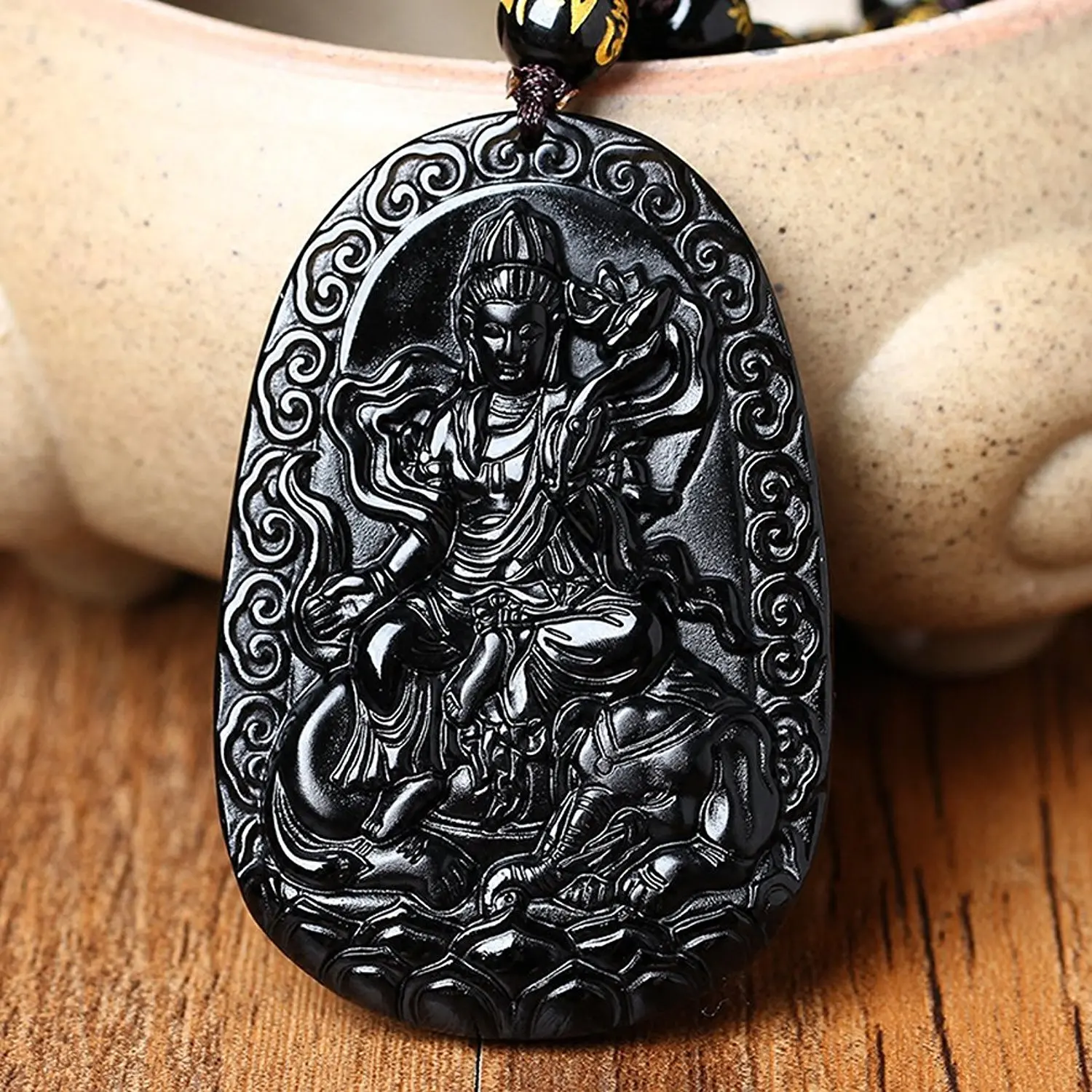 Ювелирные изделия Koraba из натурального обсидиана Samantabhadra Kwan Yin Bodhisattva подвеска