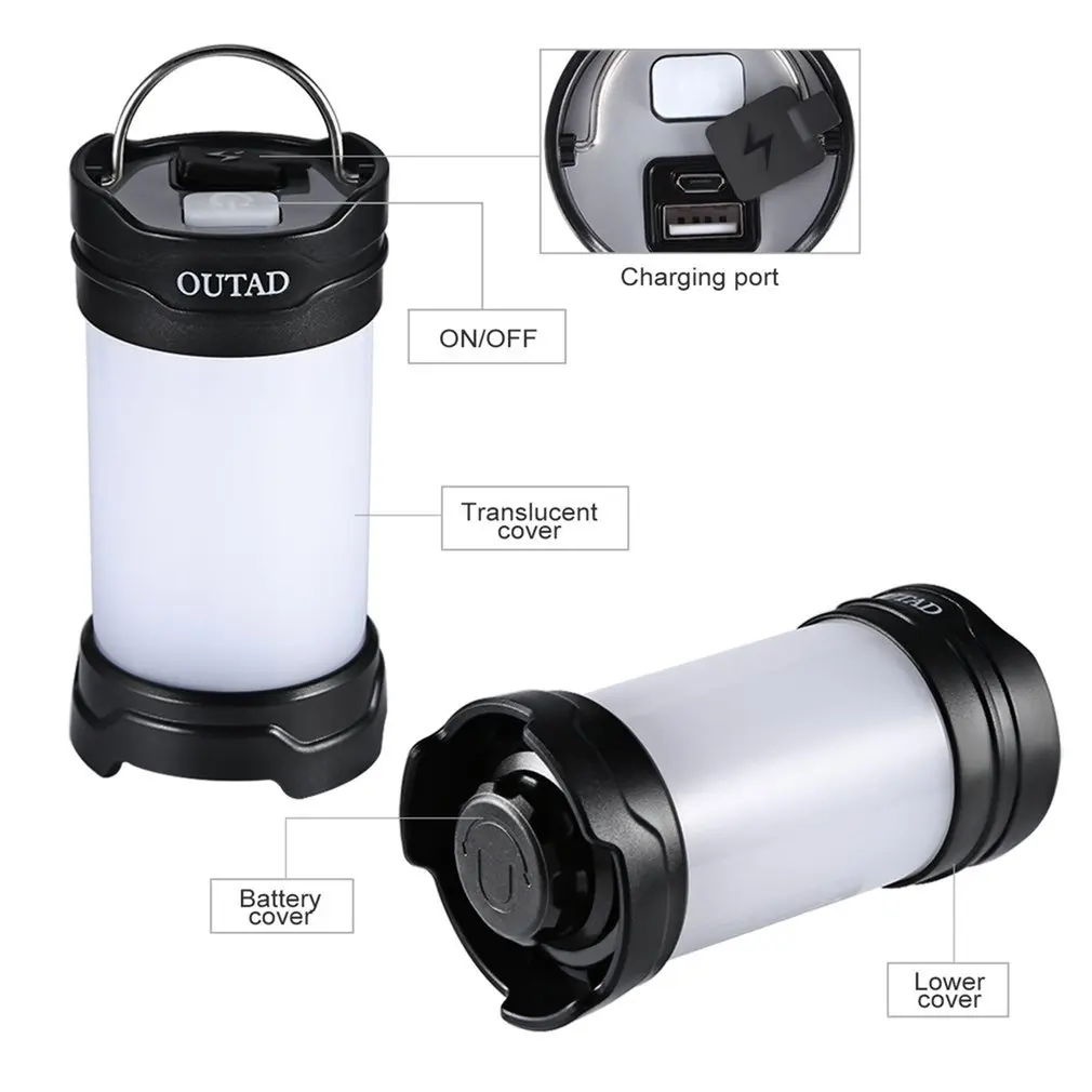 OUTAD мини Водонепроницаемый фонарь кемпинг light 2000 мАч Rechargeable 300LM 7 режим вывода