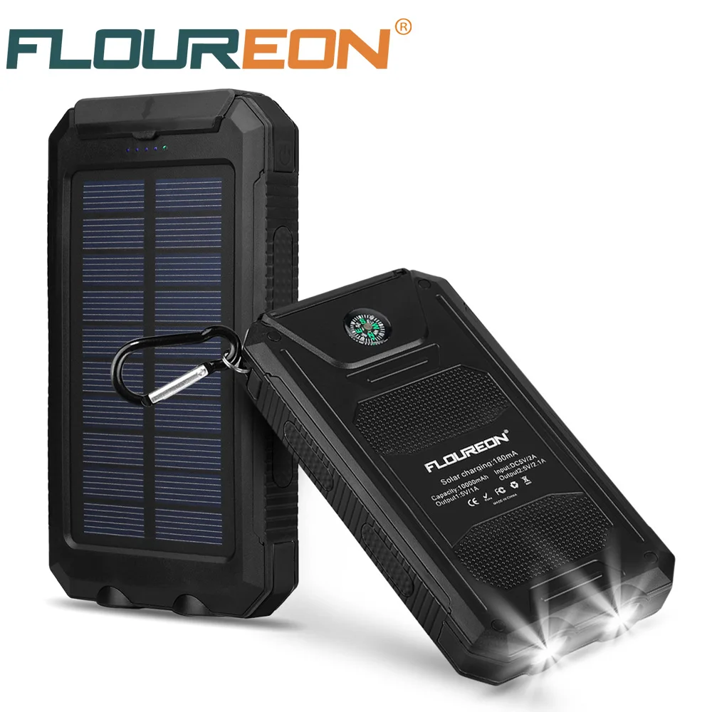 Floureon 10000mAh солнечная панель водонепроницаемый внешний аккумулятор двойной USB