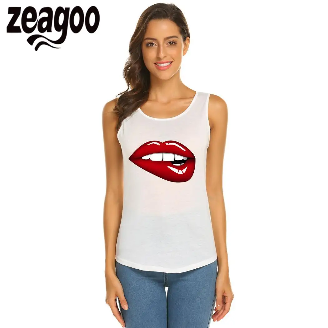 zeagoo Slim Casual Solid O-Neck Sleeveless Women Fit Soft T-Shirt Biting Lip | Женская одежда