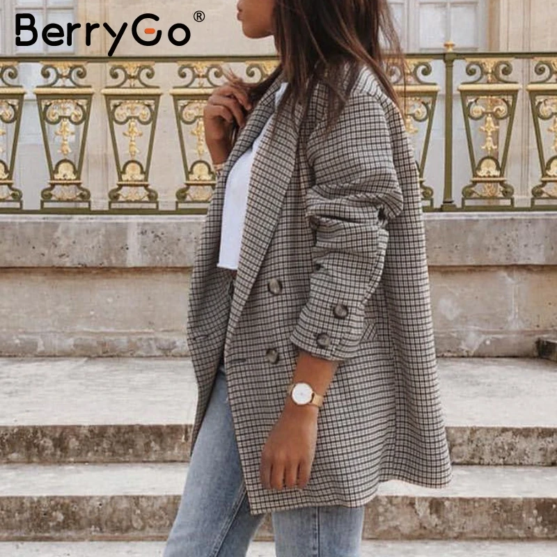 BerryGo Винтаж мода двубортный ломаную клетку клетчатый блейзер с длинным рукавом