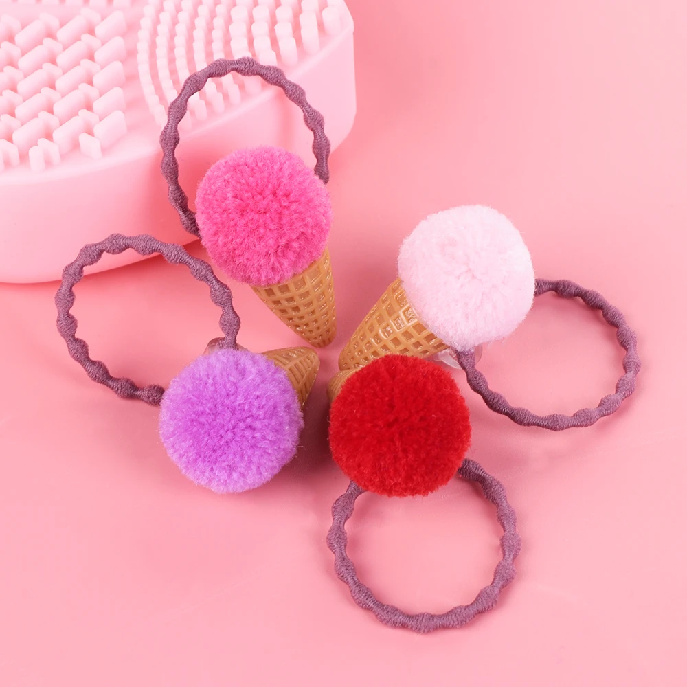 Fashion Kids Ice Cream Fluffy Pompom Girls Hair Ties Seamless Elastic Band Faux Fur Ponytail Holder Rope Headwear | Детская одежда и