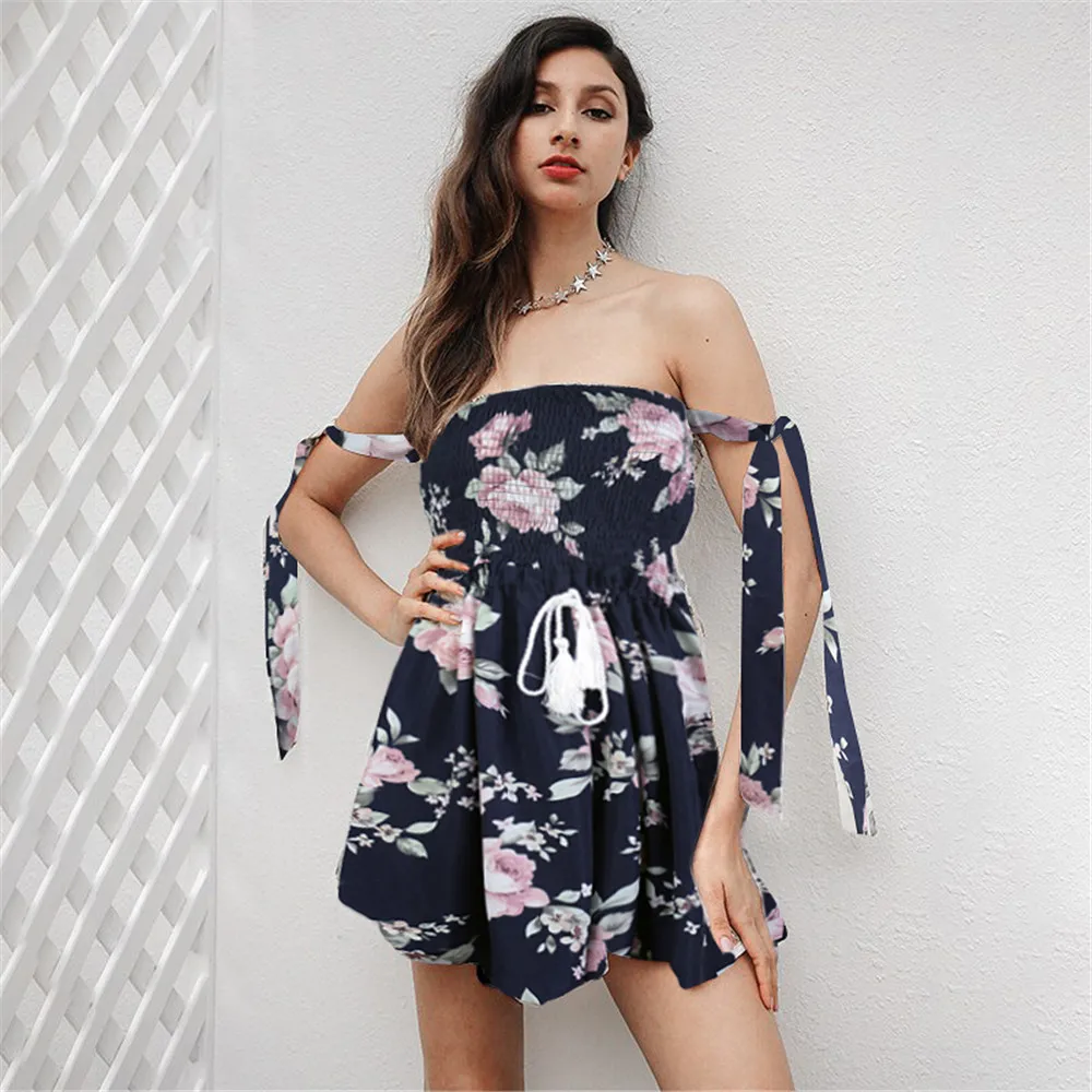 Для женщин шифон цветочный принт Playsuit Сексуальная спинки с открытыми плечами